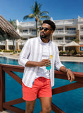 Grey and white vertically striped linen shirt