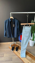 Navy blue long-sleeve button-up shirt