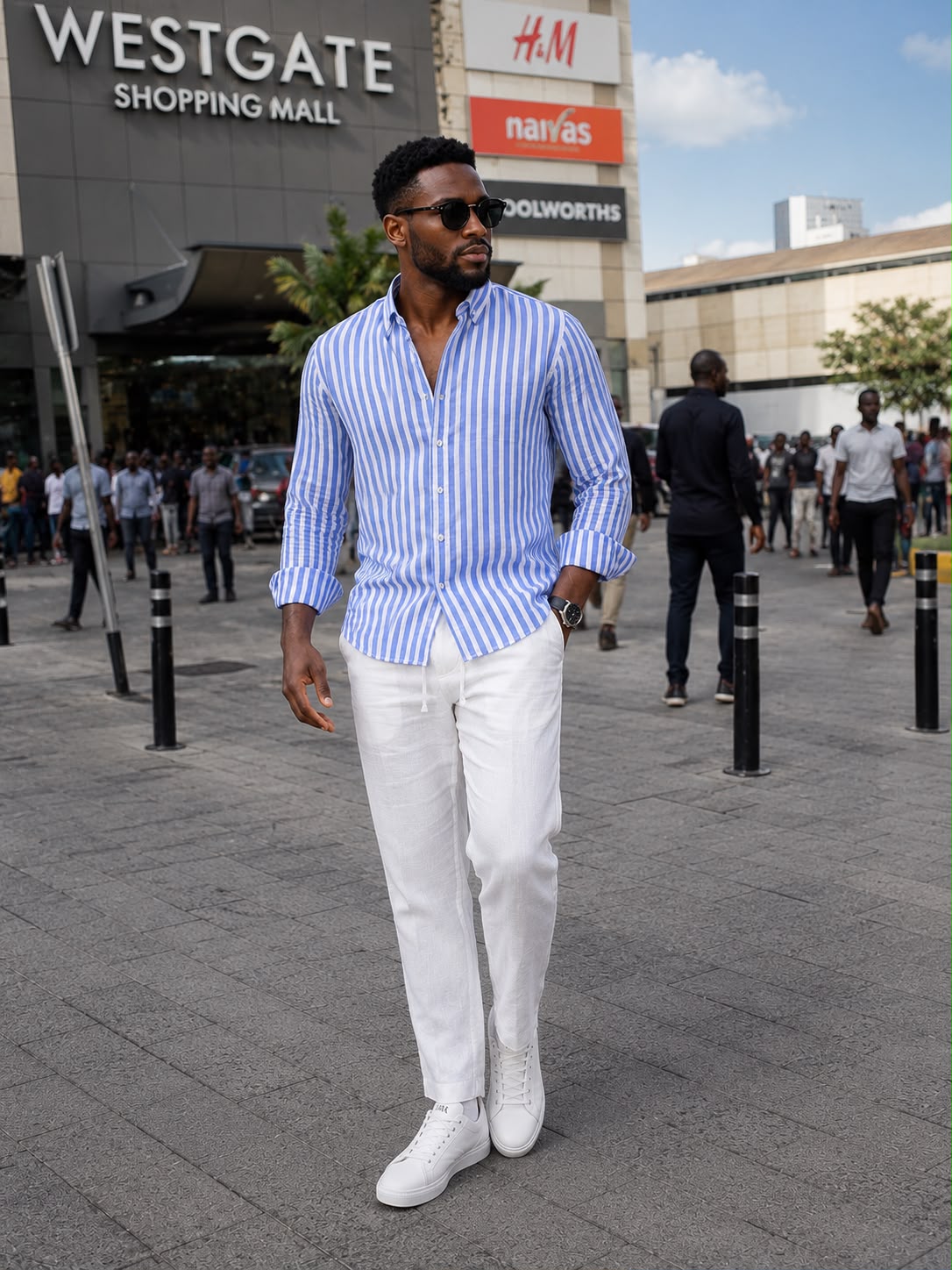 Blue and white striped long-sleeve button-up shirt.