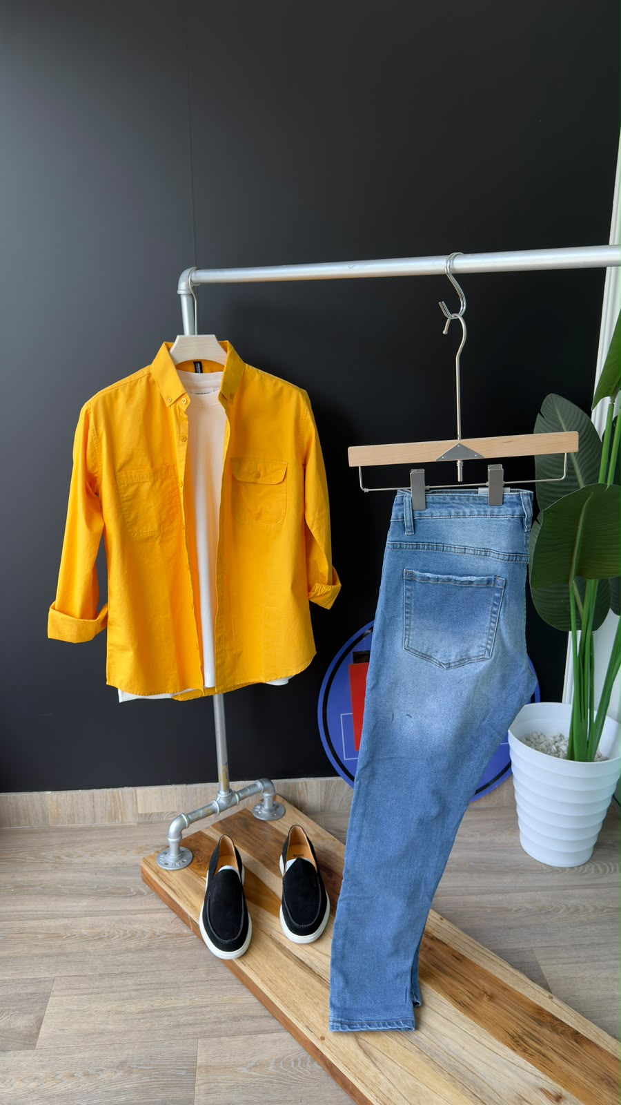 Bright yellow long-sleeve button-up shirt