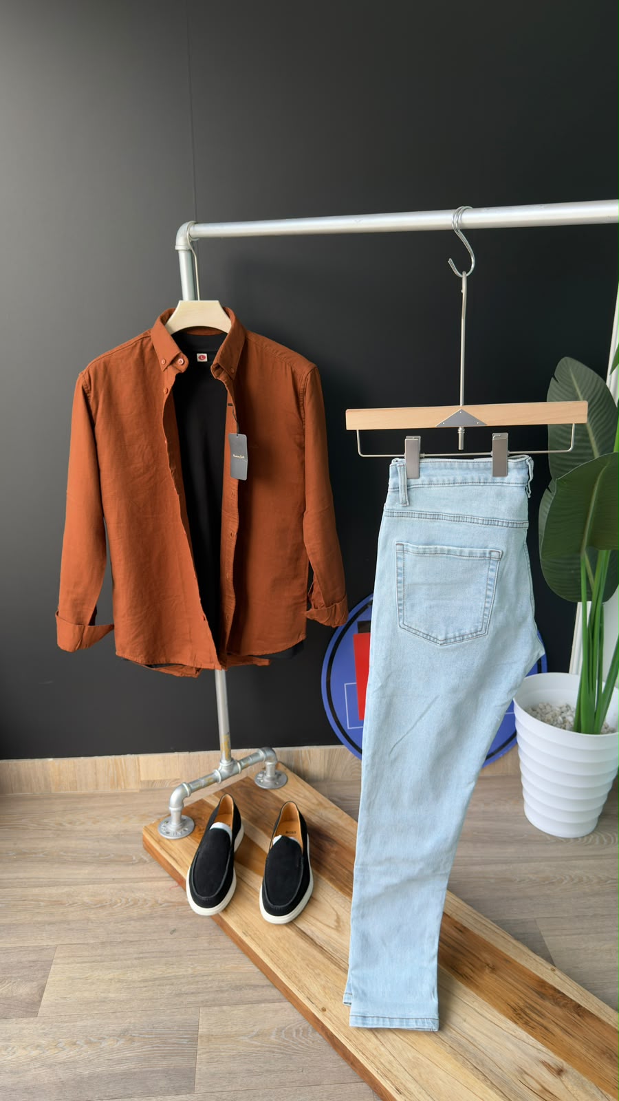 Rust brown long-sleeve button-up shirt